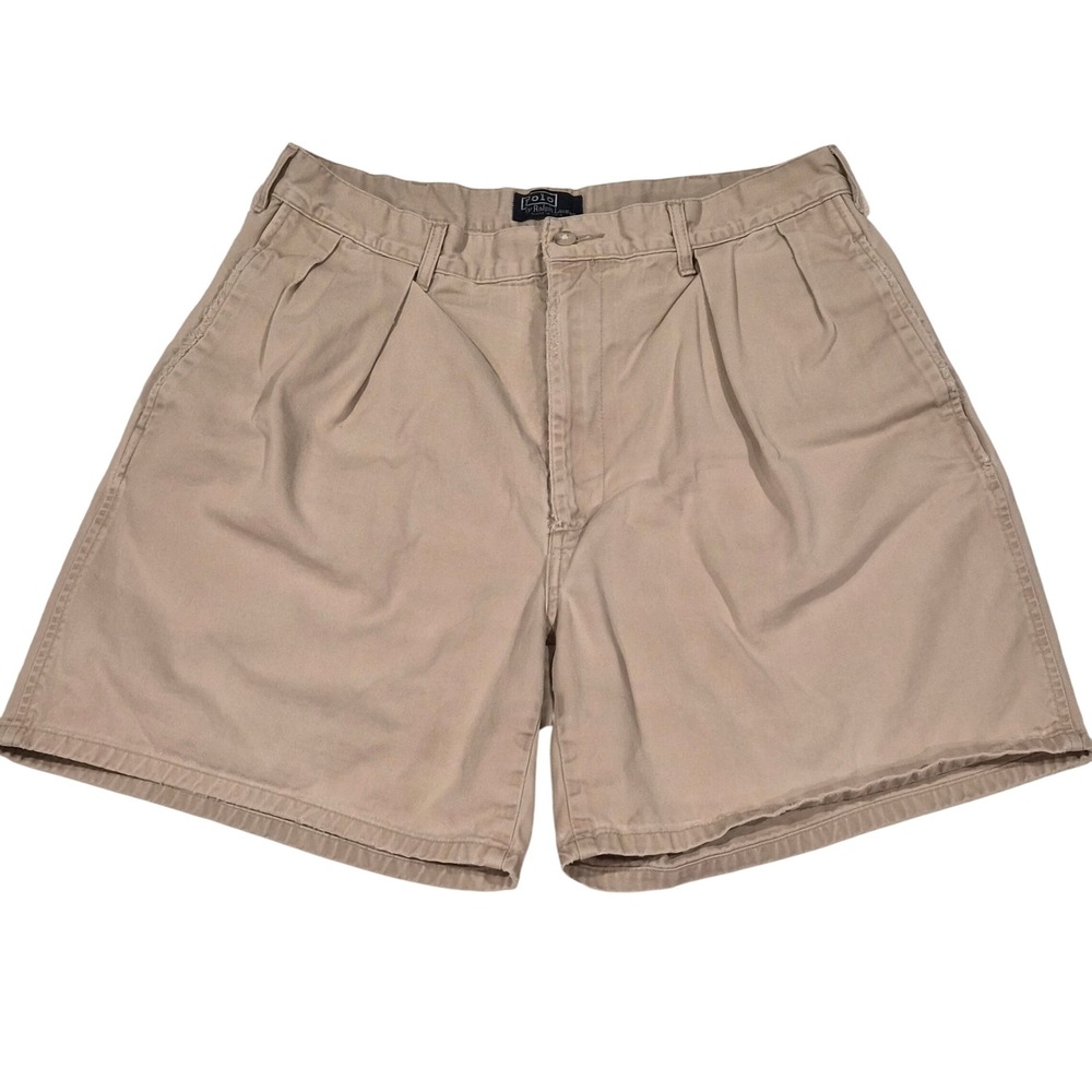 VTG 90s Polo Ralph Lauren Made in USA Pleated Khaki Chino Shorts Tan 33